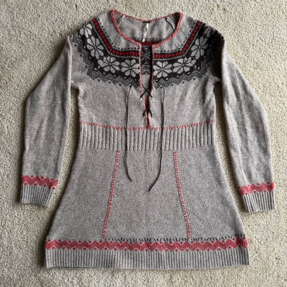 Free People 97% Wool Nordic Fair Isle Sweater Dress Womens M Gray Alpaca Blend